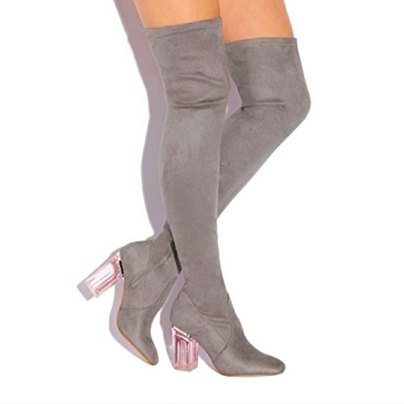 CAPE ROBBIN Grey Neptune Thigh High Pink Clear High Heel Boots - Picture 2 of 10